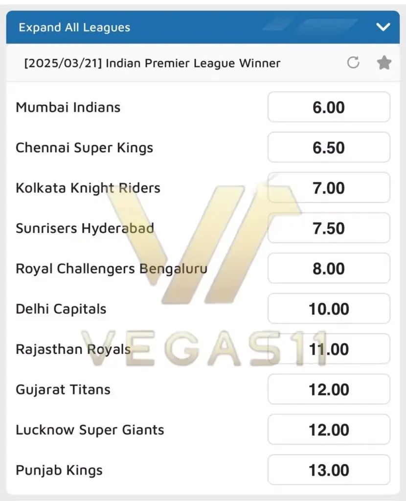 2025 IPL Champ odds - Vegas11 Saba