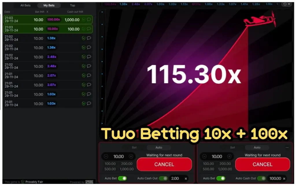 How to win Aviator – Strategy3 Two Betting (10x + 100x) Testing