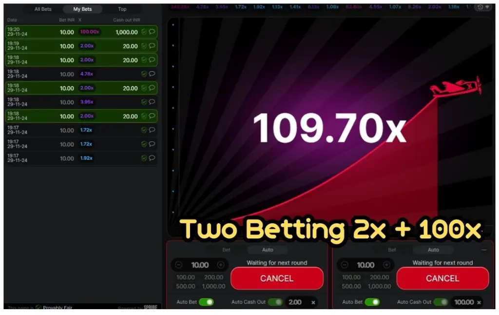 How to win Aviator – Strategy3: Two Betting (2x + 100x) Testing