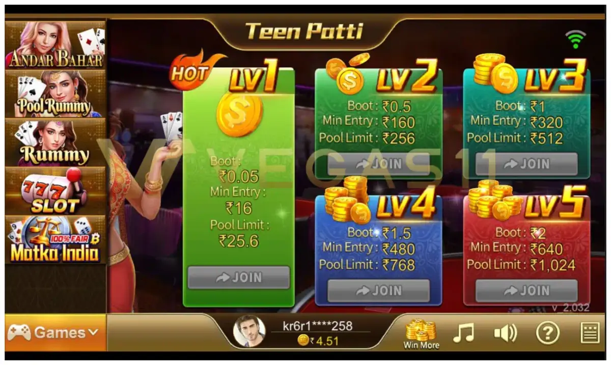 Vegas11 Teen Patti game screen