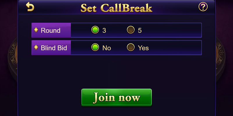 Callbreak Game Step 2: Choose Rounds & Bid or Blind Bid