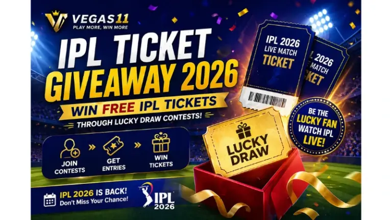 IPL Ticket Giveaway 2026 banner with Vegas11 lucky draw, free IPL tickets promotion