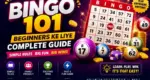 Bingo 101 beginners guide showing a bingo card, colorful bingo balls, and coins on a purple background