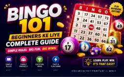 Bingo 101 beginners guide showing a bingo card, colorful bingo balls, and coins on a purple background