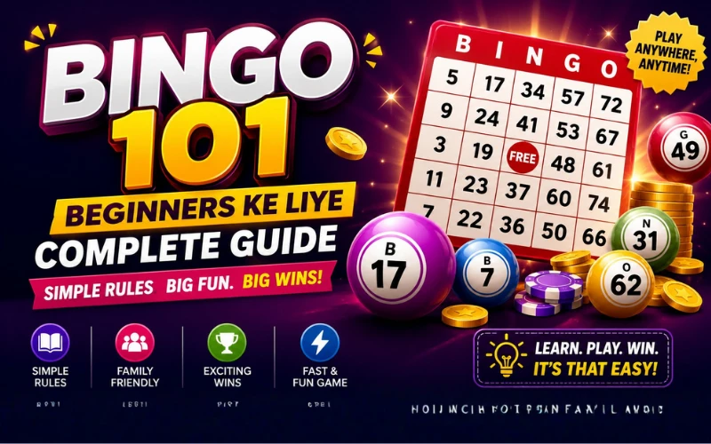 Bingo 101 beginners guide showing a bingo card, colorful bingo balls, and coins on a purple background