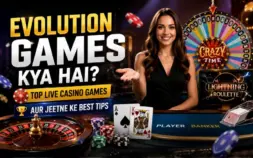 Live casino studio backdrop featuring Evolution Gaming's Crazy Time host and the giant prize wheel with multipliers for online gaming in India.