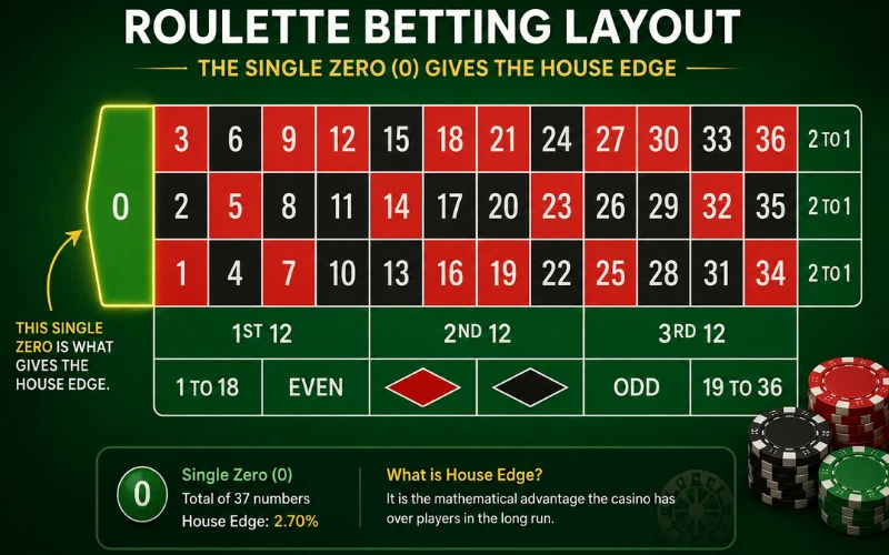 A clean, clear graphic showing the roulette betting layout. The single green zero should be highlighted to visually reinforce the concept of the house edge.