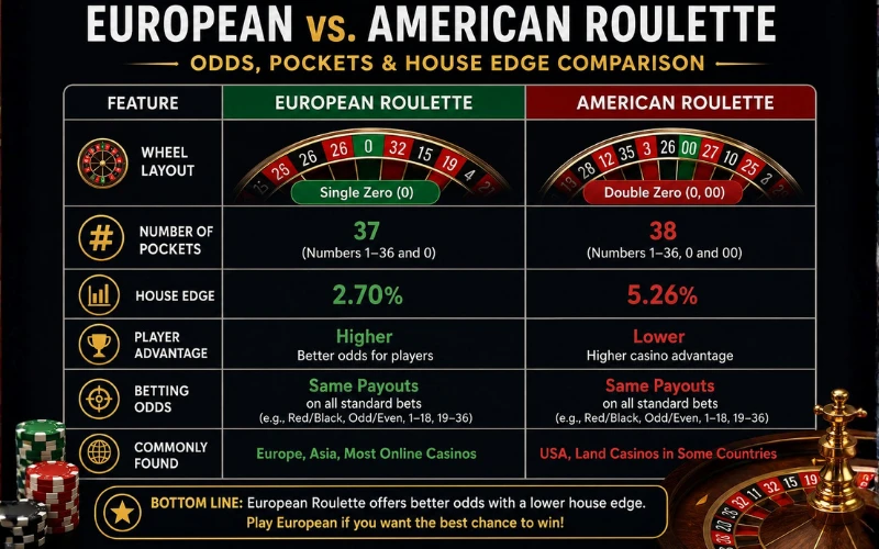 A high-contrast comparison table showing European vs. American Roulette odds, pockets, and house edge percentages.