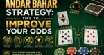 Andar Bahar Strategy hero banner showing an Andar vs Bahar card table with joker card, betting chips, and five strategy icons: understand the odds, use smart betting, manage your bankroll, make calm decisions, and avoid high-edge side bets.