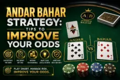 Andar Bahar Strategy hero banner showing an Andar vs Bahar card table with joker card, betting chips, and five strategy icons: understand the odds, use smart betting, manage your bankroll, make calm decisions, and avoid high-edge side bets.