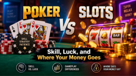 Poker vs. Slots comparison showing playing cards and poker chips on one side and a slot machine with coins on the other, highlighting skill, luck, gameplay differences, and where your money goes.