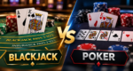 Blackjack vs poker comparison with playing cards, poker chips, and casino tables showing the key differences between blackjack and poker.