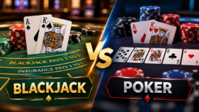 Blackjack vs poker comparison with playing cards, poker chips, and casino tables showing the key differences between blackjack and poker.